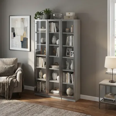 Cam 3 Kapaklı Kitaplık Kül Gri